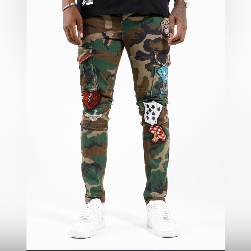 Cote De Nuits Mens Camo Designer Sequin Cargo Pocket Denim Straight Jeans 34 w - Picture 3 of 13
